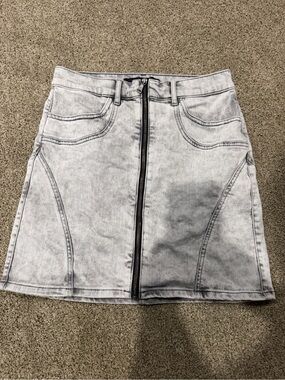Express Light Gray Denim Mini Skirt with Front Zip
